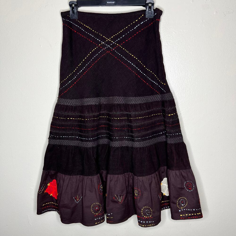RAGA Midi Skirt Small Corduroy Bohemian Grunge Fairy Embroidered Hippie Gypsy